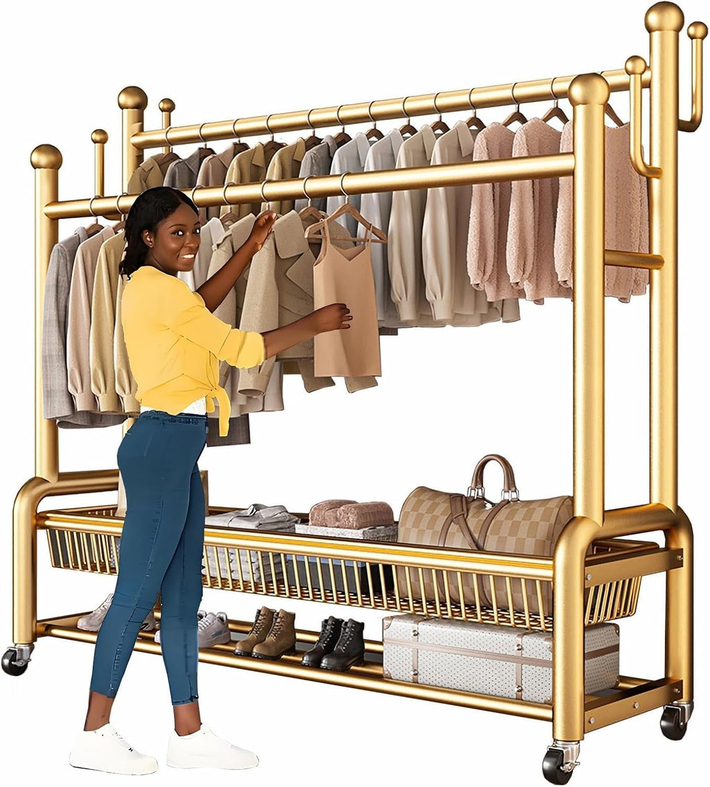 Freestanding Multi-functional Metal Garment Rack on Wheels, Portable Clothing Rack with Shelf and Hooks, for Coats, Shirts, Dress, Used in Cloakroom, Bedroom
