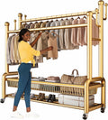 Freestanding Multi-functional Metal Garment Rack on Wheels, Portable Clothing Rack with Shelf and Hooks, for Coats, Shirts, Dress, Used in Cloakroom, Bedroom