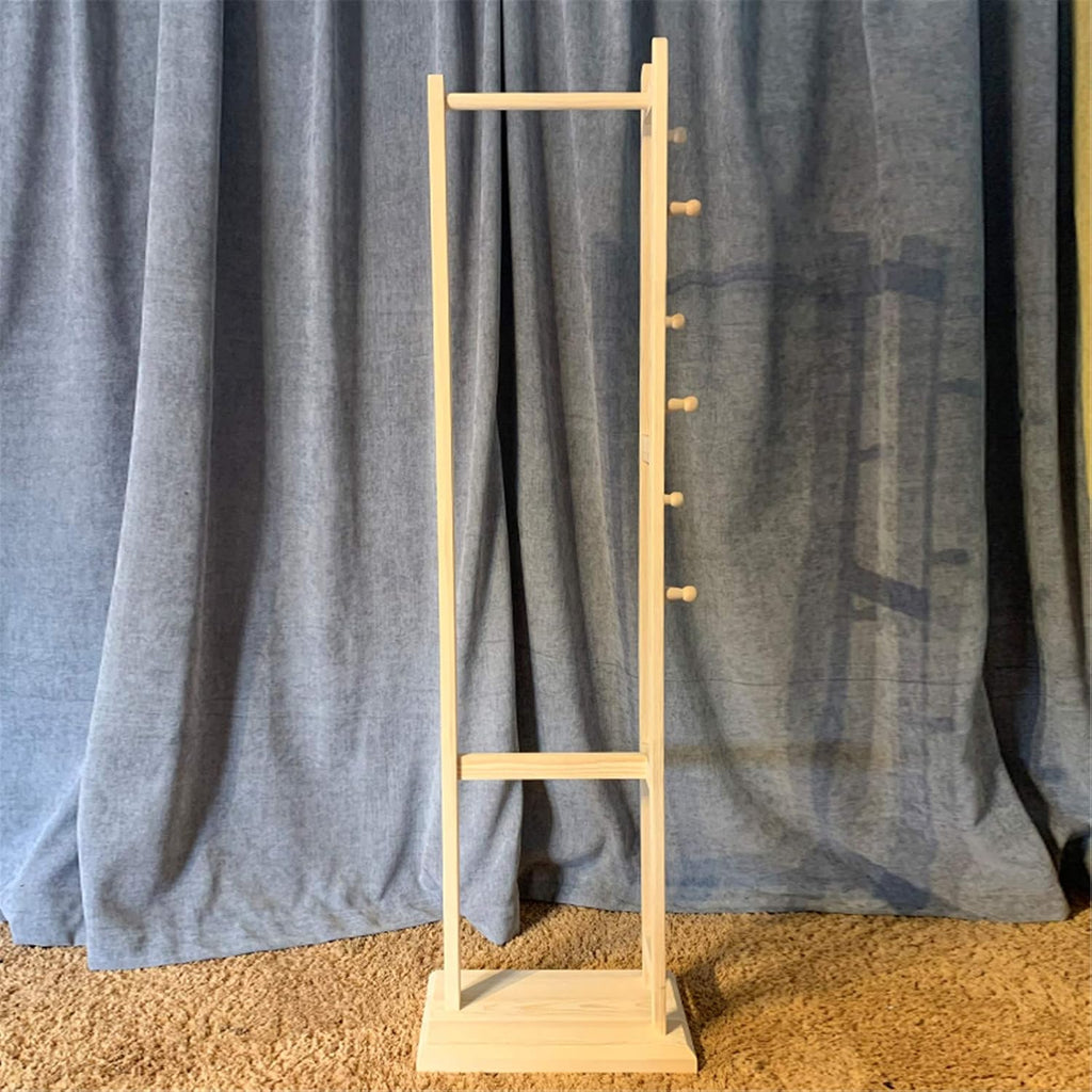 Solid Wood Coat Tree,Single-Rail Garment Rack with 6 Hooks and Bottom Shelf,Freestanding Display Stand for Trench Coats,Dresses,Shirts,for Corner,Living Room,Porch