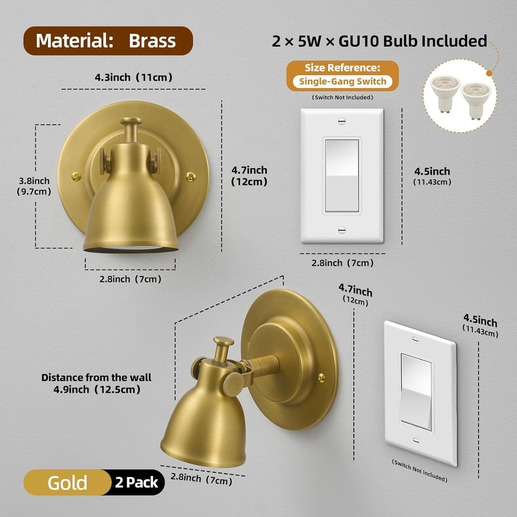 Gold Wall Sconces Set of 2 Hardwired - Brass Vintage Dimmable Indoor Small Bell Lights Fixtures Decor Set of Two for Bathroom Vanity Bedroom Bedside Hallway Living Room Kitchen Picture Lamp