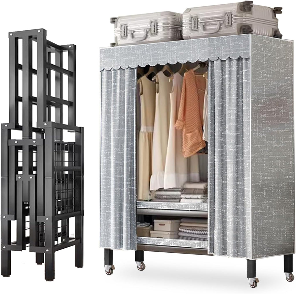 Large Heavy-Duty Portable Wardrobe Closet Rack with Cover - Rolling Freestanding Clothes Organizer System for Hanging Clothes