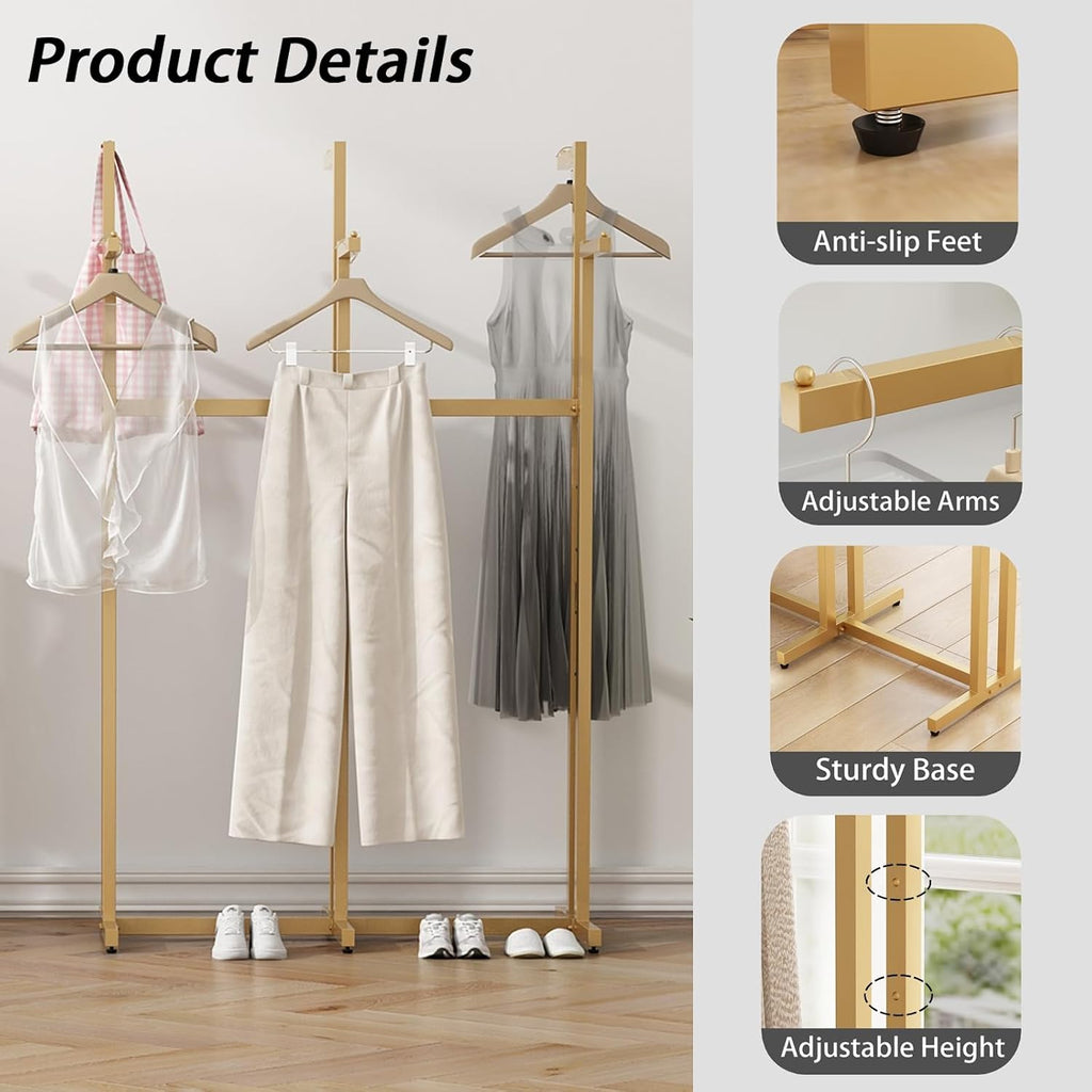 Gold Clothing Racks, Metal Clothes Rack with 6 Straight Arms, Freestanding Garment Rack for Hanging Clothes Heavy Duty, 46' to 63' Adjustable Height Retail Clothing Rack for Boutiques Display