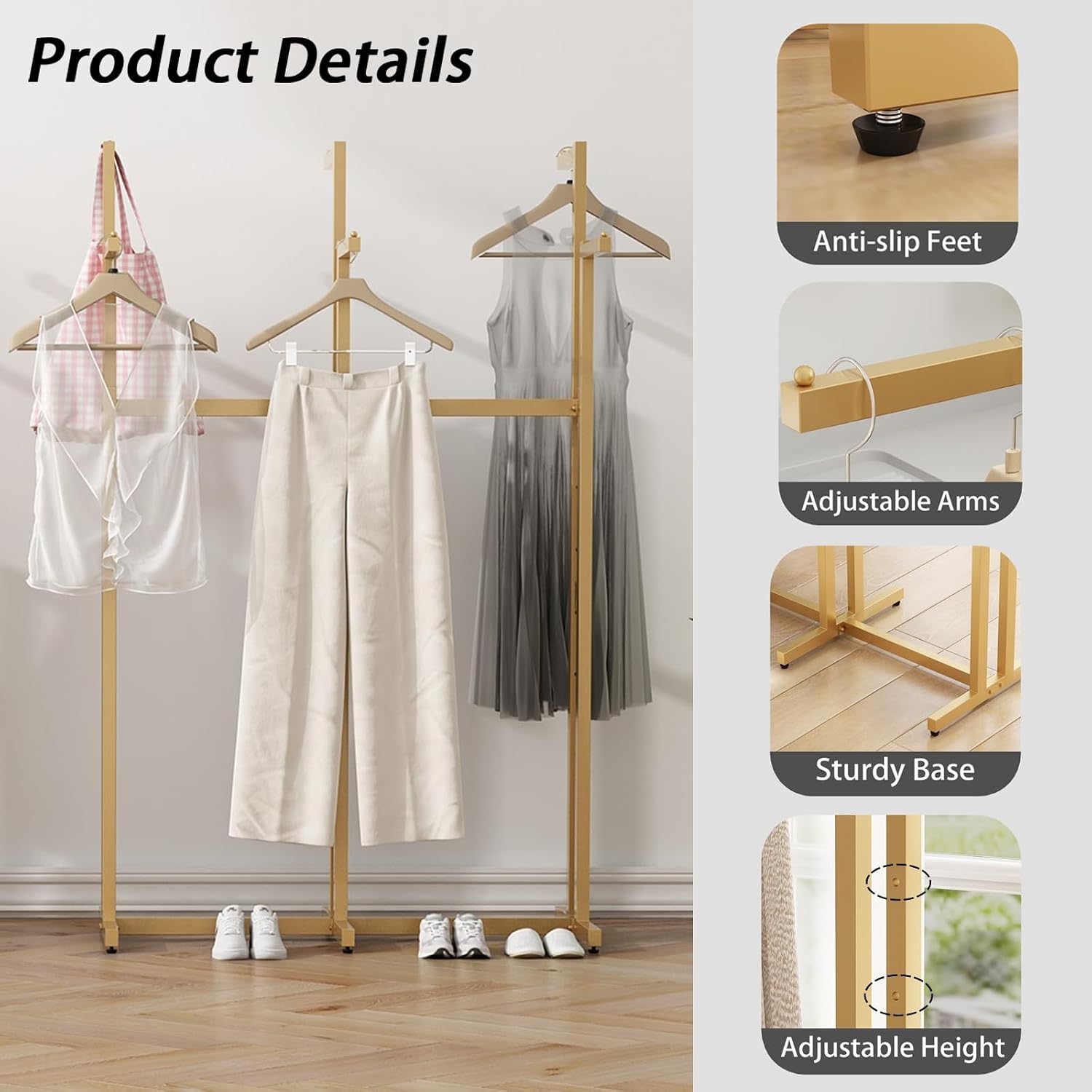 Gold Clothing Racks, Metal Clothes Rack with 6 Straight Arms, Freestanding Garment Rack for Hanging Clothes Heavy Duty, 46' to 63' Adjustable Height Retail Clothing Rack for Boutiques Display