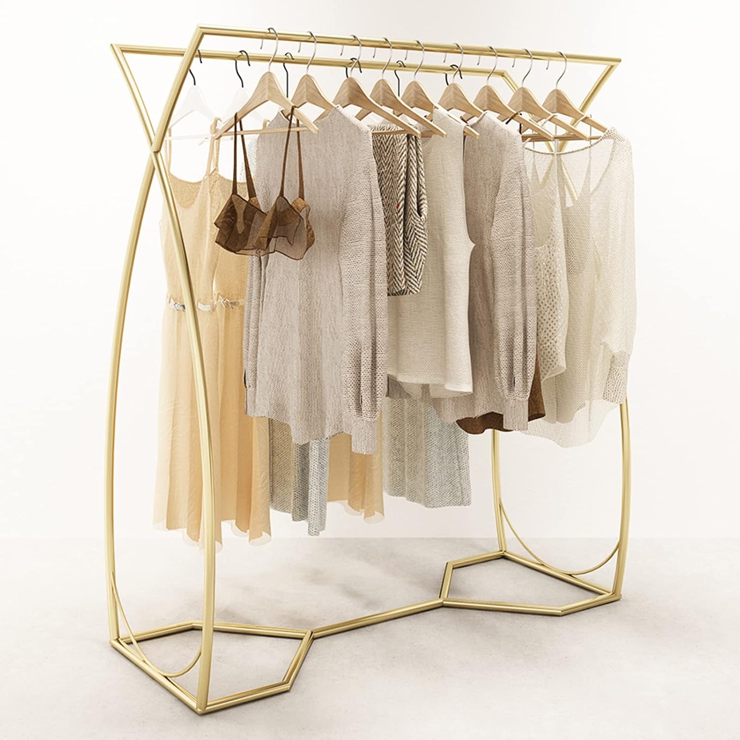Metal Garment Rack, Freestanding Metal Clothes Rail, Double-Pole Bedroom Clothing Rack for Coats, Sweaters, Shirts, Gold, 120 * 45 * 140CM(Size:120 * 45 * 140CM,Color:Gold)