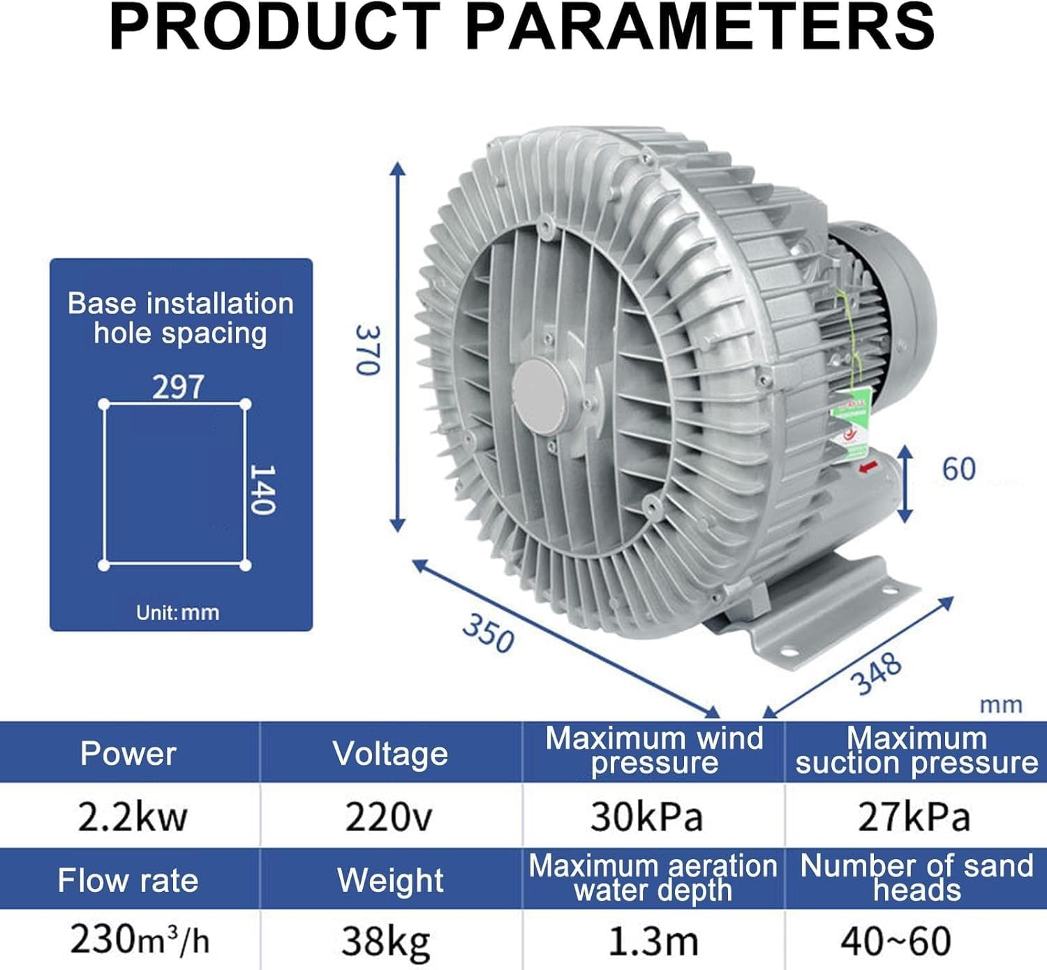120W-7500W Vortex Ring Blower, 2.2KW/220V, Single/Three Phase, Ideal for Aquarium, Hydroponics, Pond, Septic Tank & Sewage Aeration Solutions