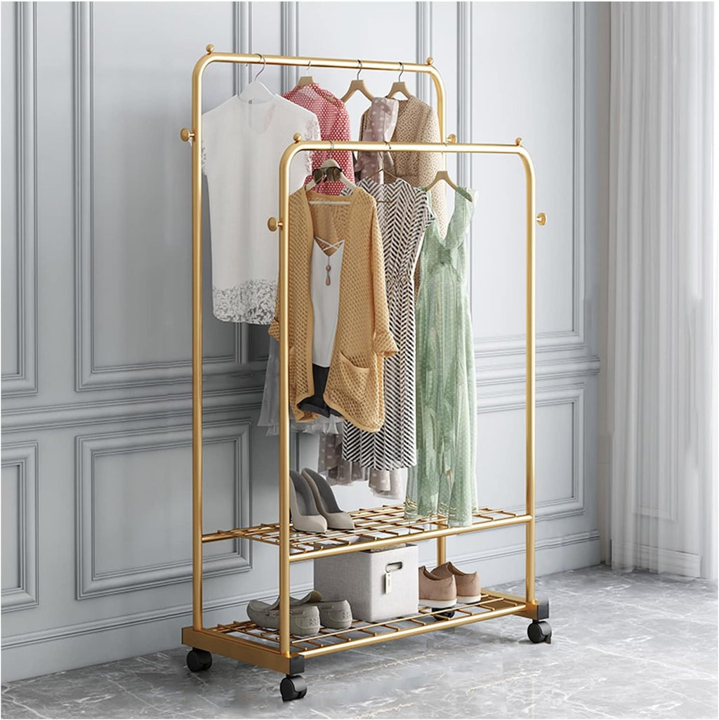 Heavy Duty Double Clothes Rail - Freestanding Garment Hanger with 2-Tier Shelves & 4 Castors - Metal Coat Rack for Dresses, Shirts & Clothing Storage - Versatile Clothing Drye