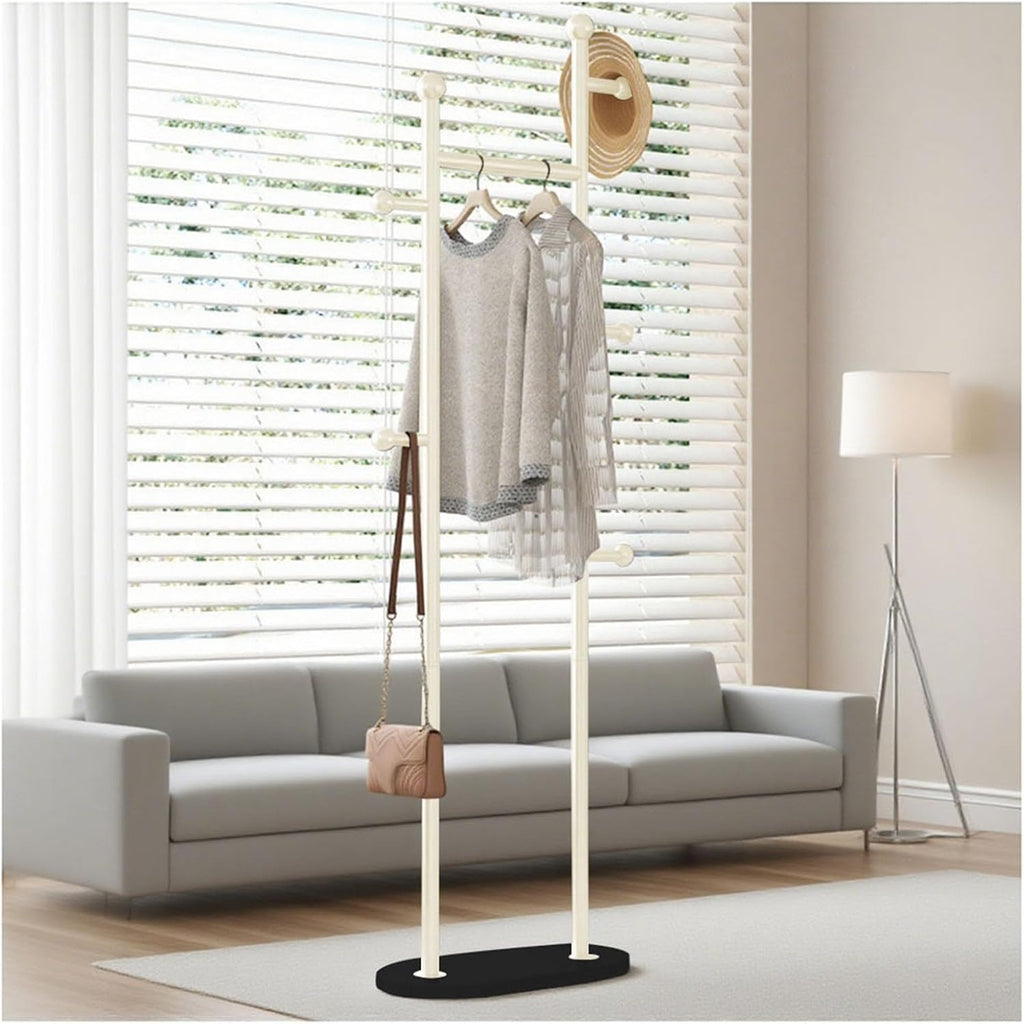Black Steel Clothes Rail Load 110 LBS, Freestanding Bedroom Garment Rack with 5 Hooks for Coats, Jackets, Shirts, Dress Saving Space(Beige)