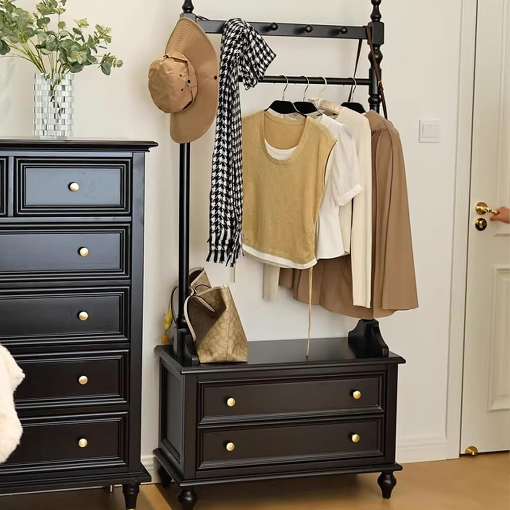 Solid Wood Clothing Rack, Clothes Rack with 2 Drawers, Floor-standing Garment Racks, for Hanging Shirts, Jackets, Coat Hanger Stand for Bedroom Entryway(Black)