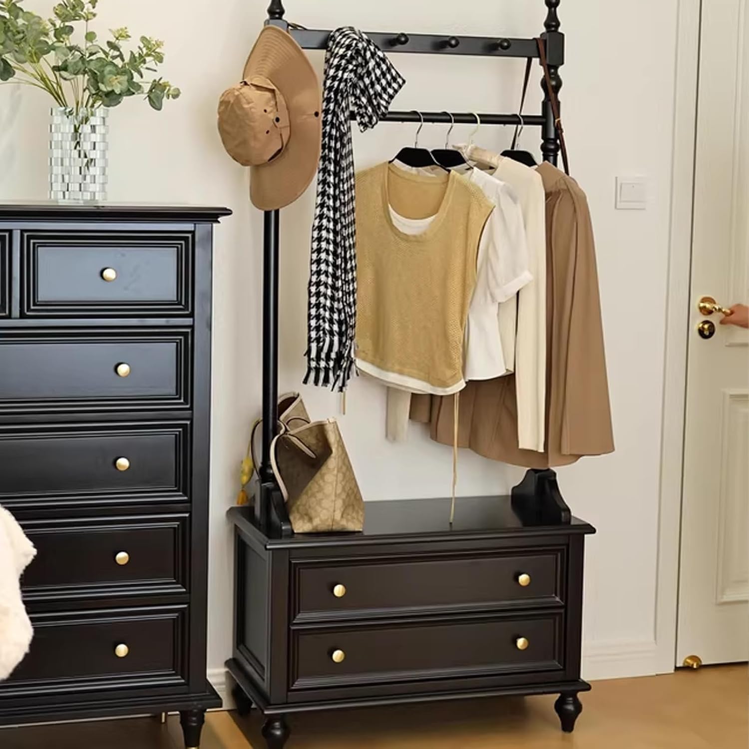 Solid Wood Clothing Rack, Clothes Rack with 2 Drawers, Floor-standing Garment Racks, for Hanging Shirts, Jackets, Coat Hanger Stand for Bedroom Entryway(Black)