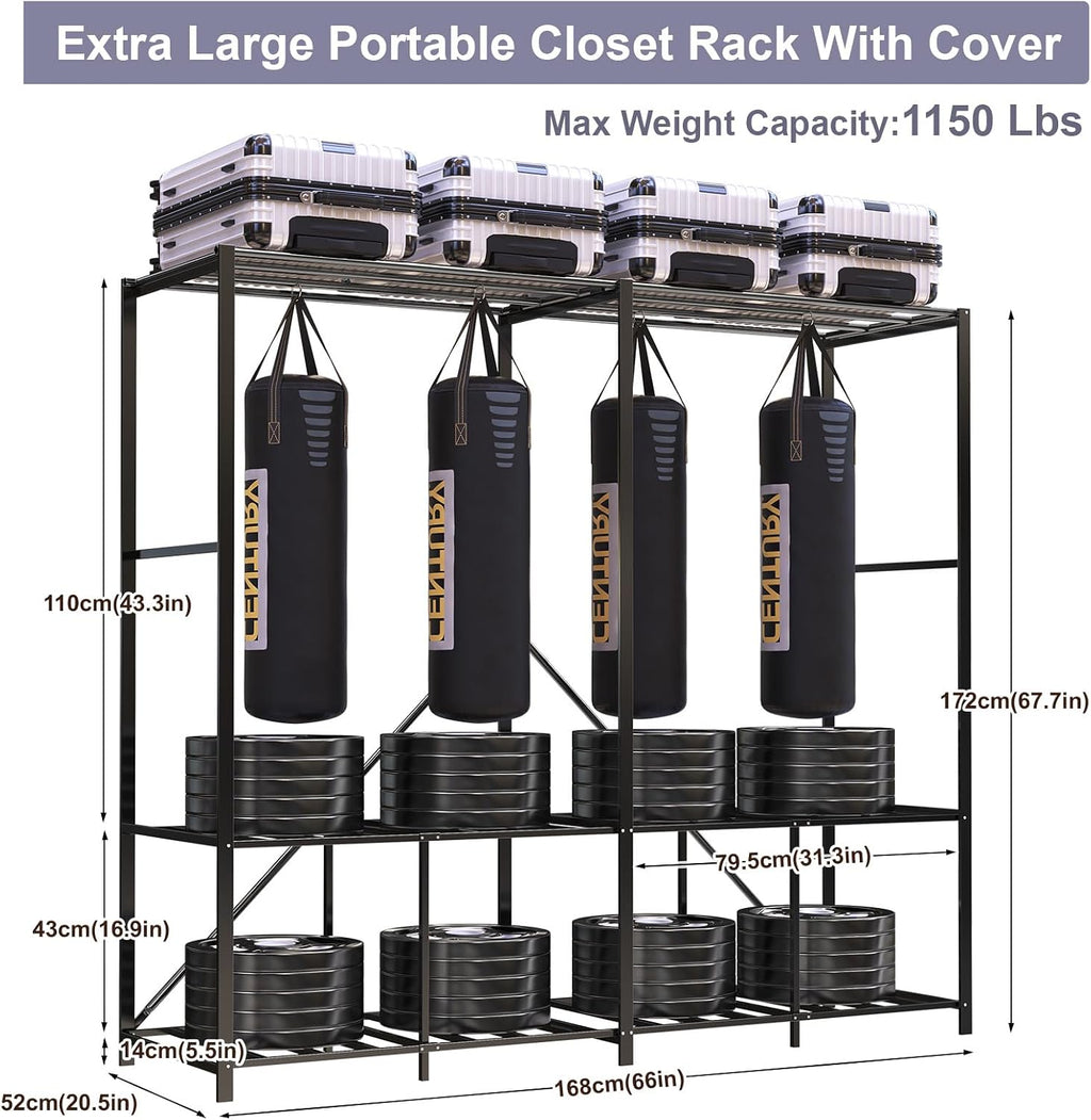 95% Assembled 66' L Clothes Racks for Hanging Clothes, Premium Metal Strong Heavy Duty Clothes Rack with Cover, Portable Foldable Freestanding Garment Rack, Black