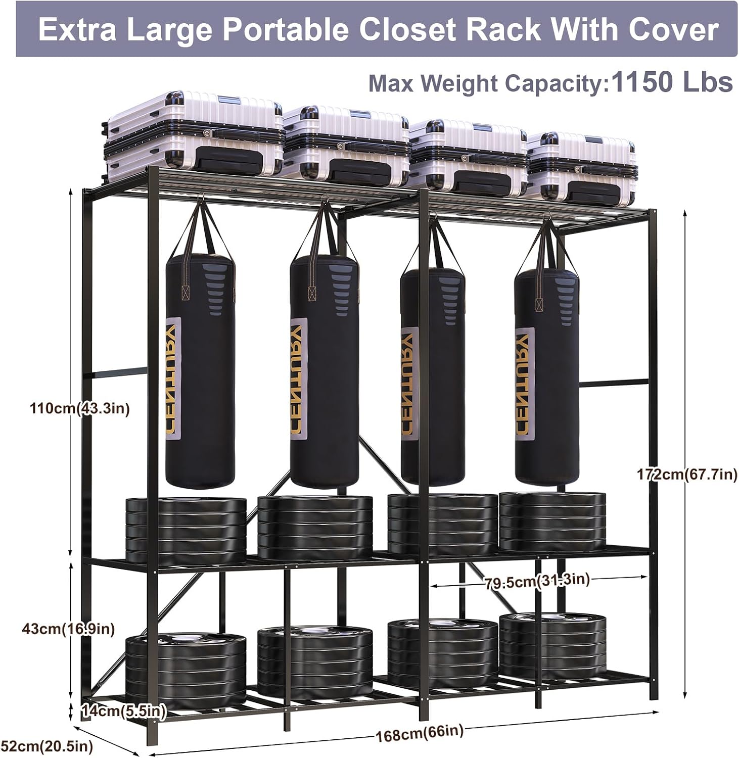 95% Assembled 66' L Clothes Racks for Hanging Clothes, Premium Metal Strong Heavy Duty Clothes Rack with Cover, Portable Foldable Freestanding Garment Rack, Black