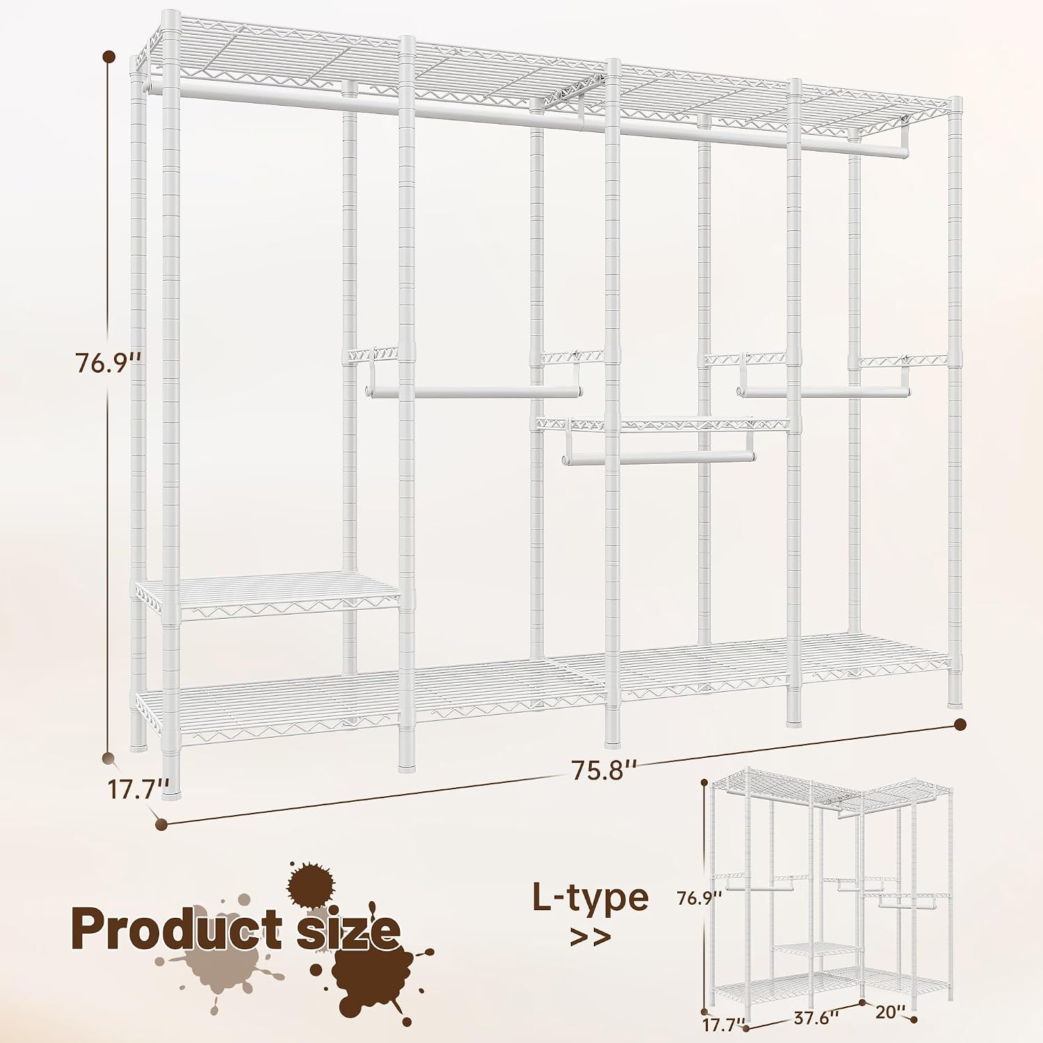 Raybee 76.9' H Clothes Rack Heavy Duty Loads 1100 LBS Metal Clothing Racks for Hanging Clothes Adjustable Garment Rack White,75.8' W*17.7' D*76.9' H