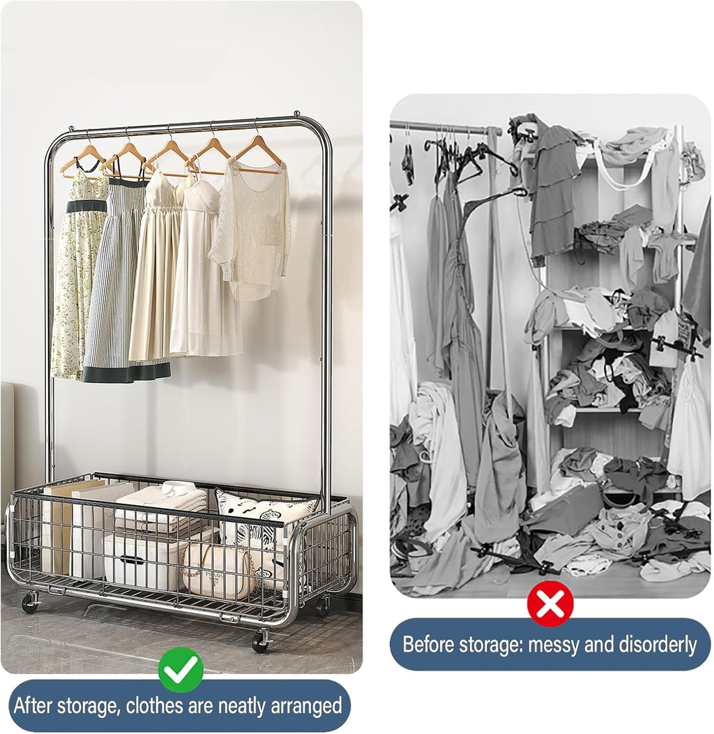 Clothes Rack With Storage Basket,Garment Racks With Wheel,Large Metal Rolling Clothing Racks For Hanging Clothes,Shirts Jeans And Coats(White,80cm/31.5in)