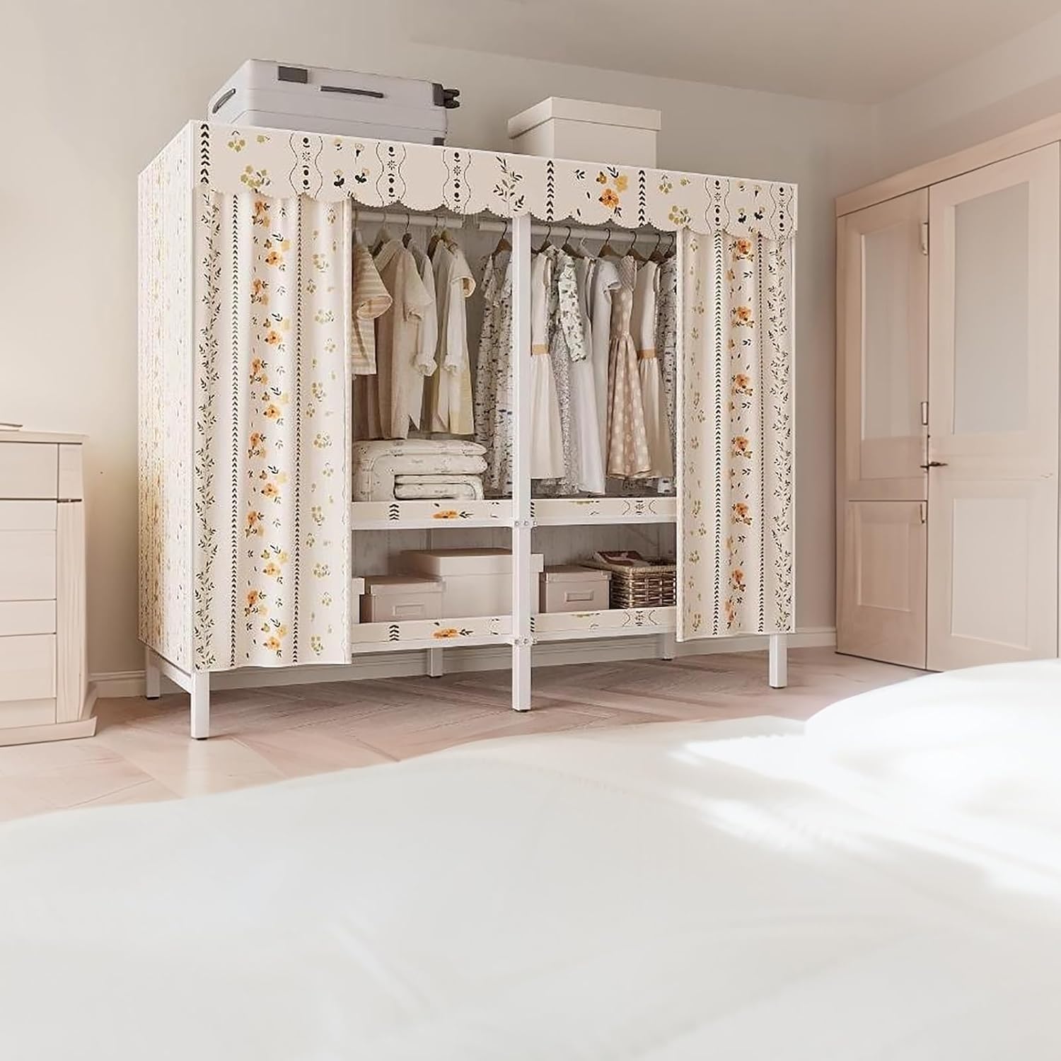 Portable Closet Wardrobe, Folding Garment Rack, Sturdy Large Wardrobe,Storage Organizer with Shelves and Cover(168cm/66.2in)