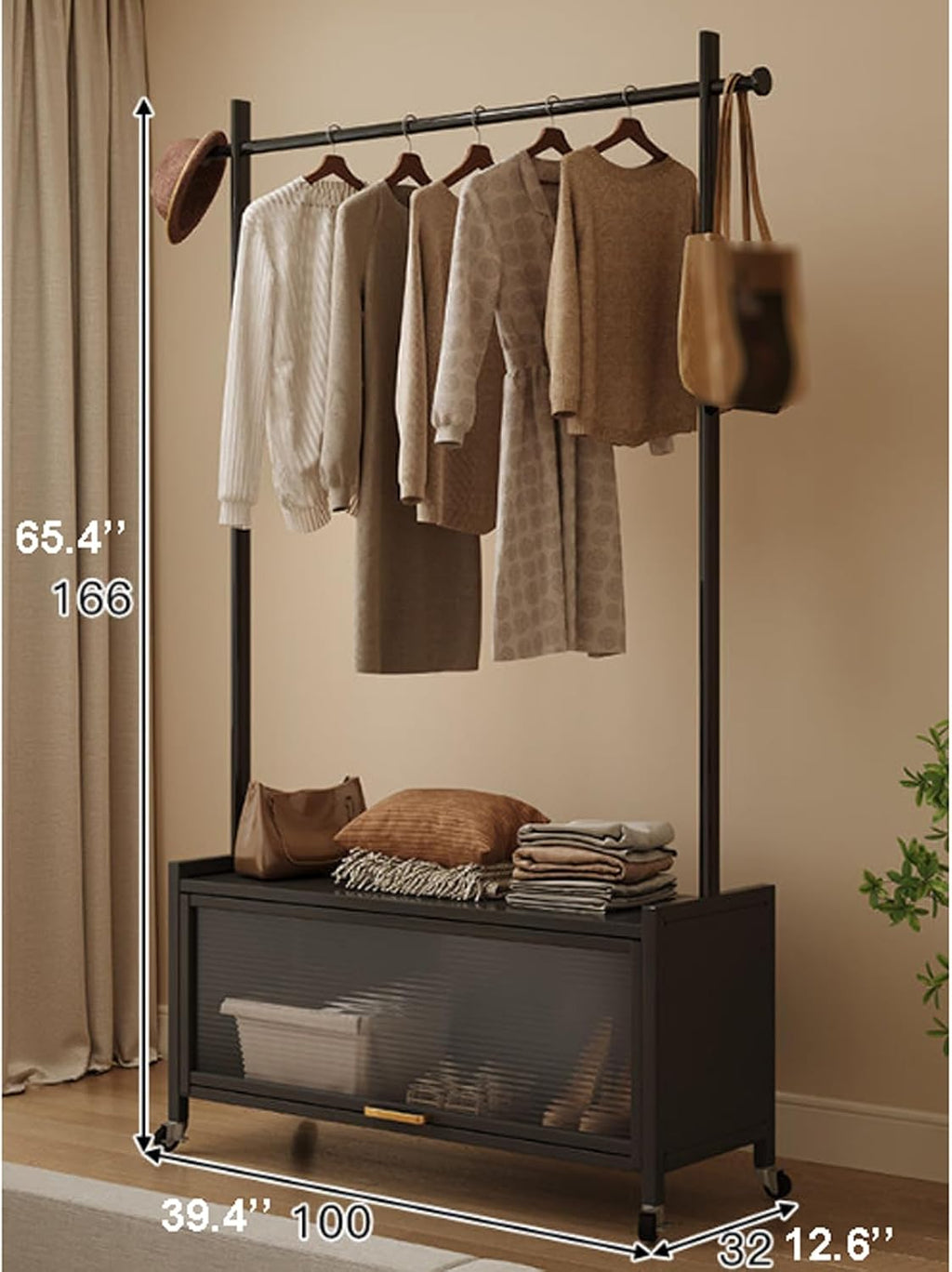 Metal Clothes Rack Nordic Modern Clothing Rack w/Lockable Wheels & Storage Cabinet Heavy Duty Metal Wardrobe Garment Rack for Hanging Shirts Jackets Pants