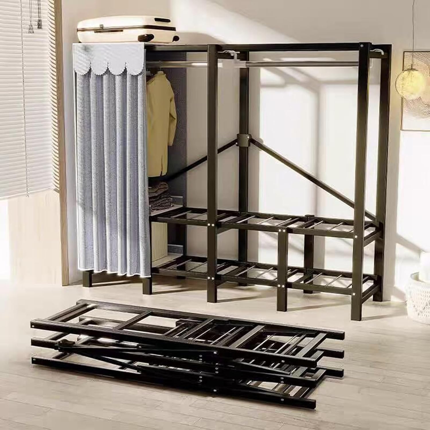 THEGA Heavy-Duty Foldable Garment Rack with Cover - Freestanding Clothes Organizer System, Foldable Portable Closet Wardrobe Rack - Portable Wardrobe Closet Rack,1100lbs(Size:190 * 50 * 170cm)