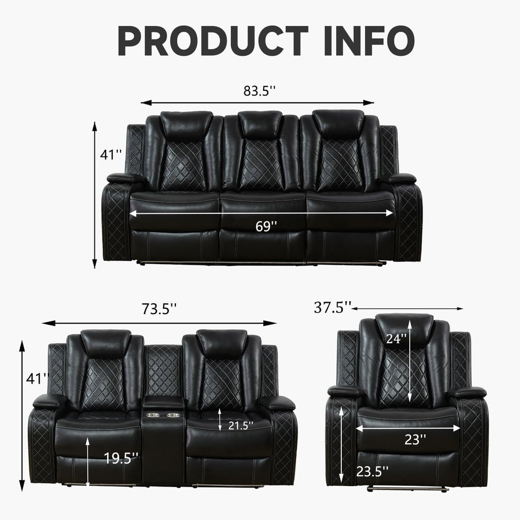 Pon Living Luxurious Leather Reclining Sofa Set with LED, Power Recliner Sofa & Loveseat Set, Living Room Furniture Sets with Cup Holders/USB Port & Storage Consoles for House/Home Theater