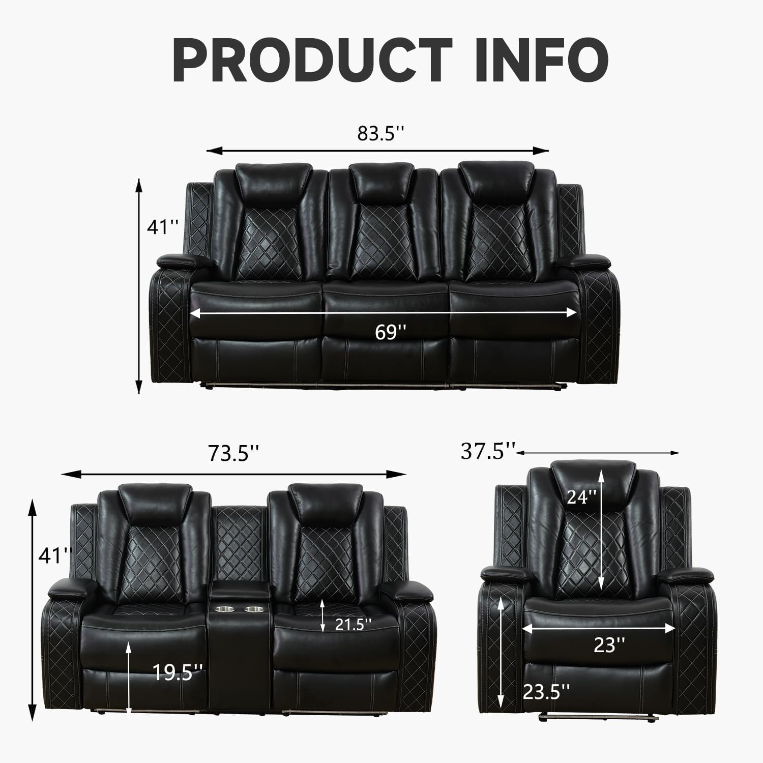Pon Living Luxurious Leather Reclining Sofa Set with LED, Power Recliner Sofa Set, Living Room Furniture Sets with Cup Holders/USB Port & Storage Consoles for House/Home Theater