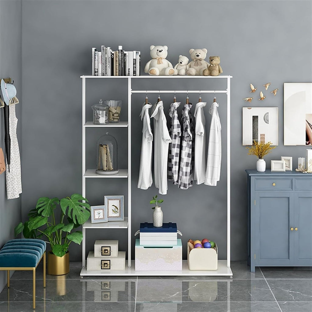 Hangers Display Stand - Garment Rack With Shelf, Metal Clothing Rack Free Standing Closet Organizer With 5 Tier Shelf,Large Clothing Display Stand For Home, Clothing Stores Organizer Shelf(Color:White