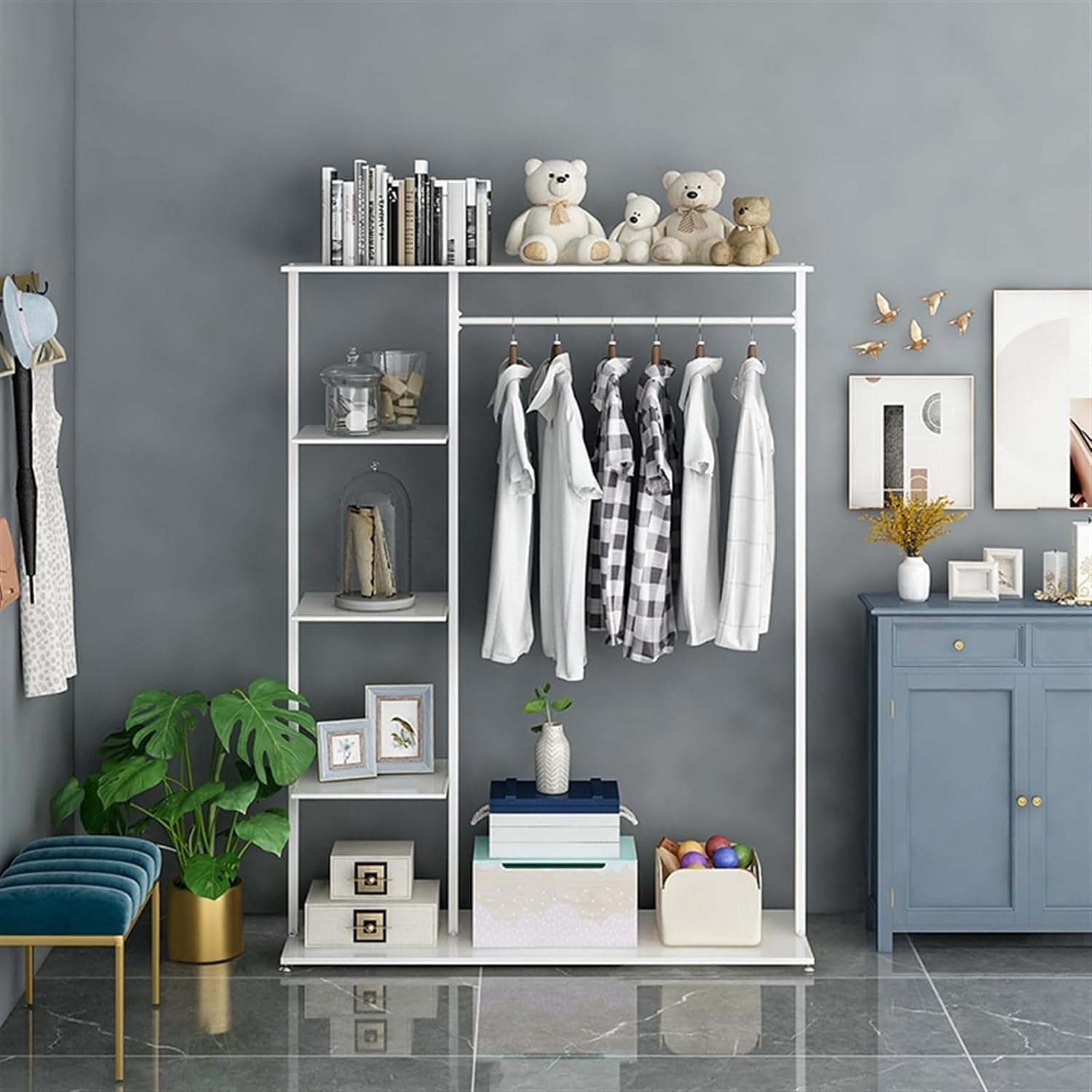 Hangers Display Stand - Garment Rack With Shelf, Metal Clothing Rack Free Standing Closet Organizer With 5 Tier Shelf,Large Clothing Display Stand For Home, Clothing Stores Organizer Shelf(Color:White