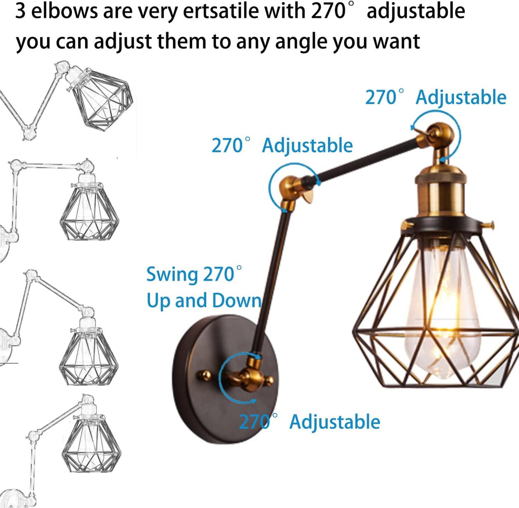 Kiven Battery Operated Wall Lamp, Industrial Wall Sconces, Warm White Wall Lighting Fixtures, Vintage Wall Mounted Lamp Set of 2 for Living Room Bedroom Hallway E26 Socket