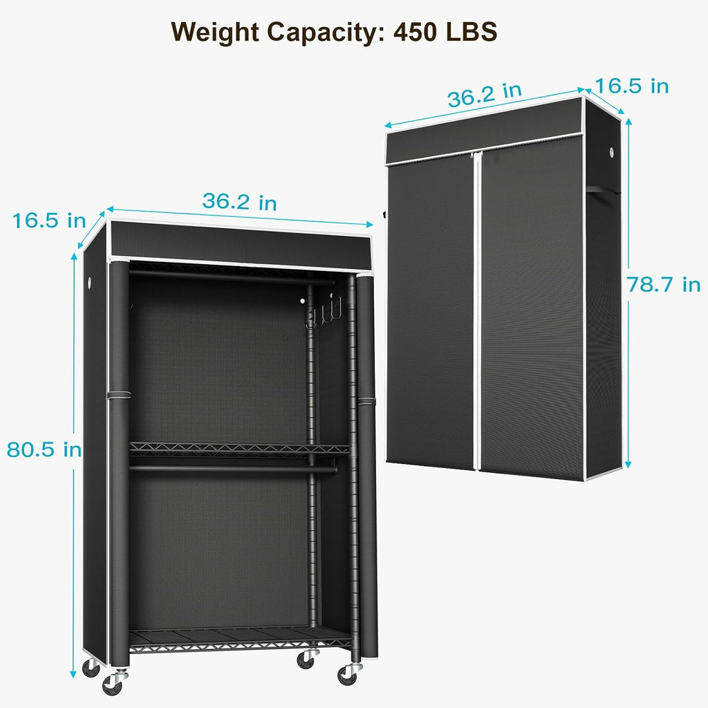 FUTASSI Clothing Rack with Cover, P1C Rolling Closets with Wheels, Metal Garment Rack for Hanging Clothes, Clothing Storage Wardrobe with Cover, 36.2' W x 16.5' D x 80.5' H, Black, Load 450 Pounds