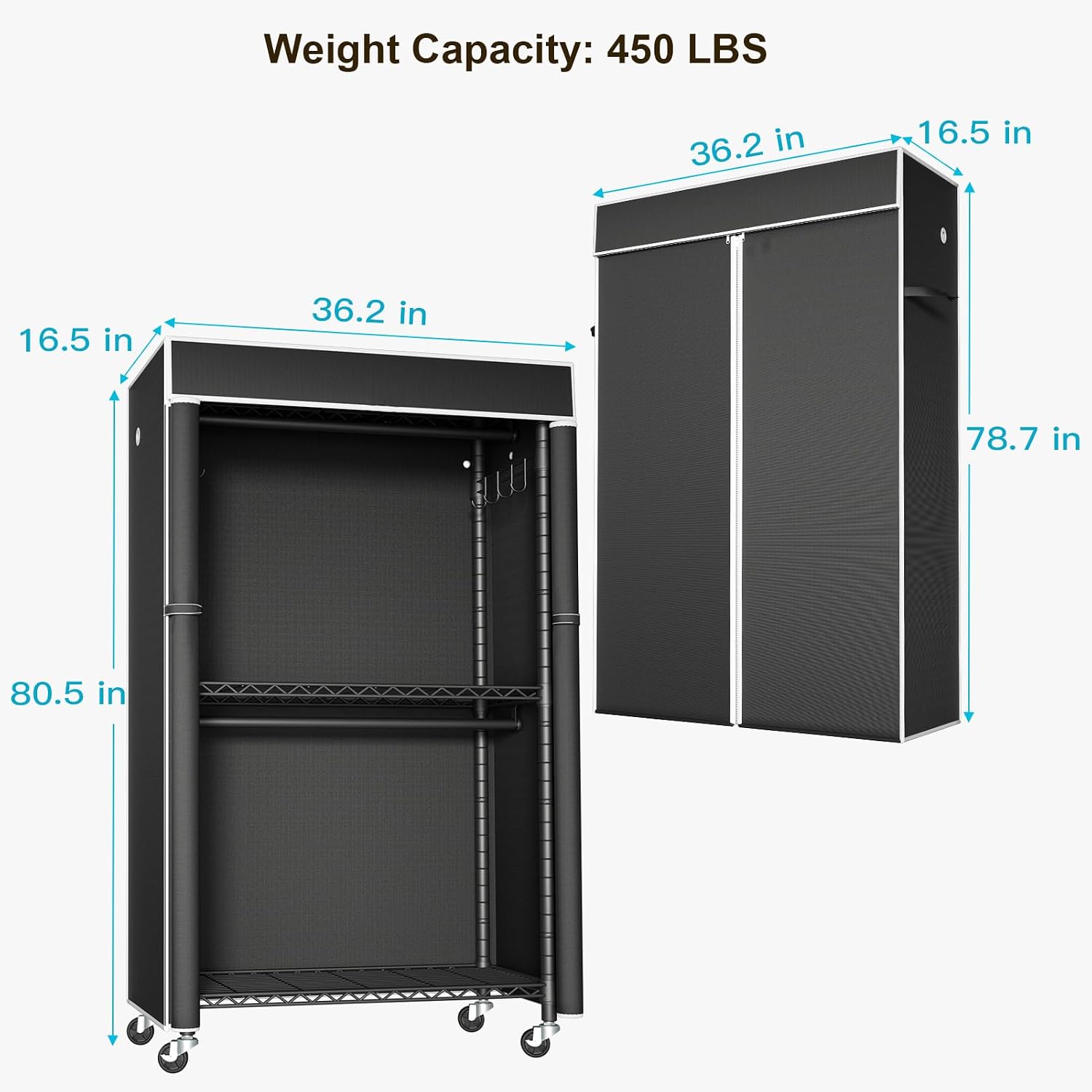 FUTASSI Clothing Rack with Cover, P1C Rolling Closets with Wheels, Metal Garment Rack for Hanging Clothes, Clothing Storage Wardrobe with Cover, 36.2' W x 16.5' D x 80.5' H, Black, Load 450 Pounds
