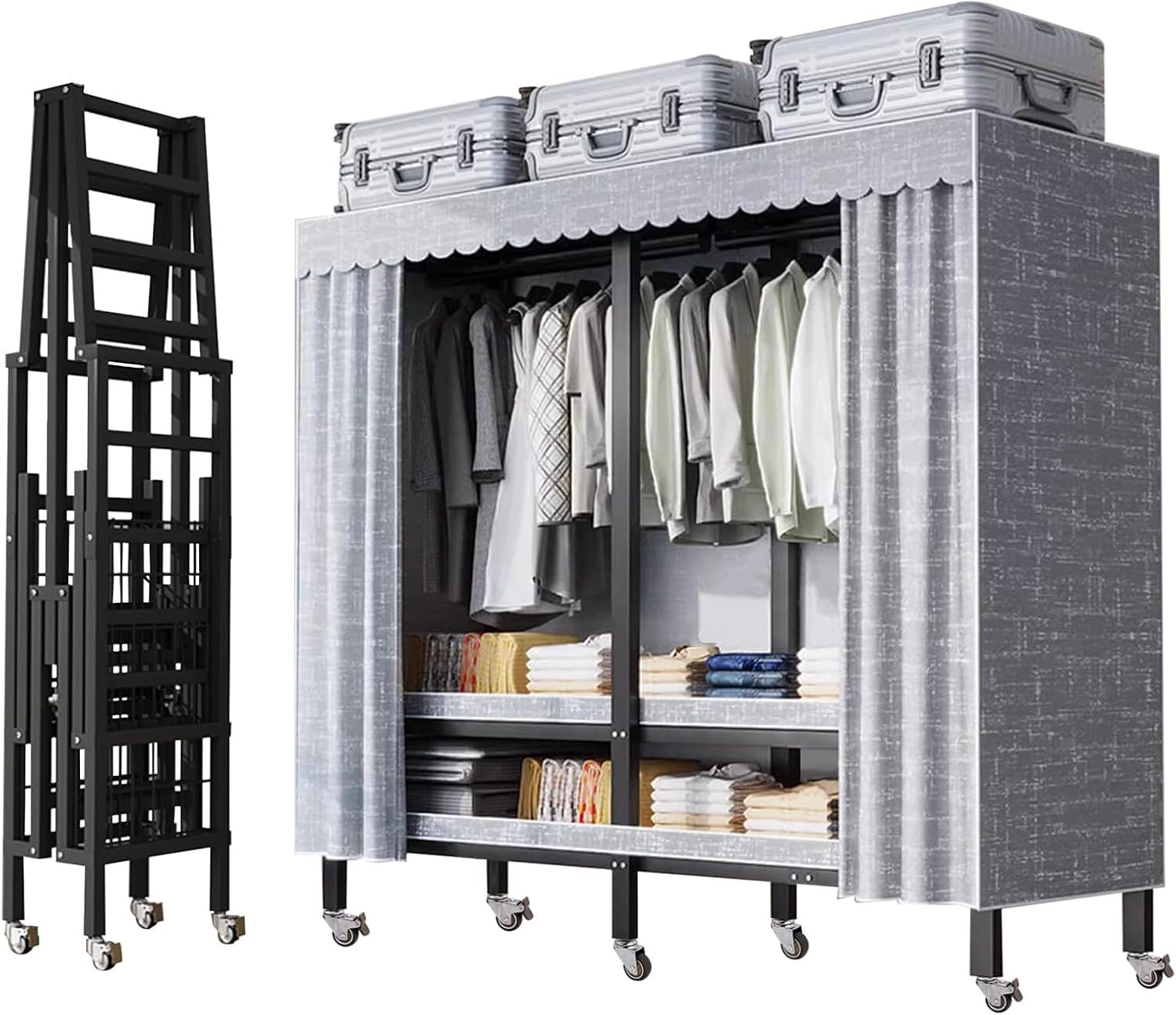 Heavy-duty Portable Wardrobe Clothing Coat Storage Rack - Foldable Cloth Rack with Wheel W/Cover Load 2000lbs for Bedroom Armoires Rolling Garment Rack