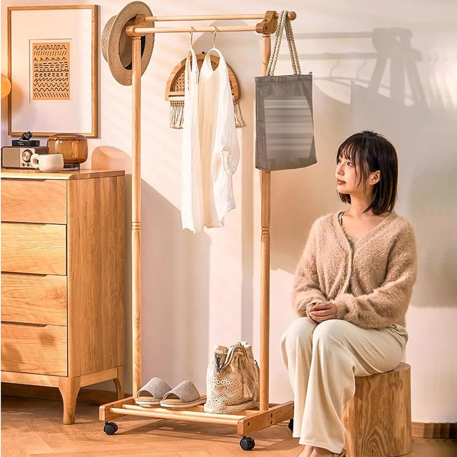 Heavy duty Garment rack Double Rail Clothing Rack For Hanging Clothes, Freestanding Solid Wood Coat Rack With Shelves And 2 Hooks, Space Saving Clothes Organizer For Bedroom And Living Room (White )
