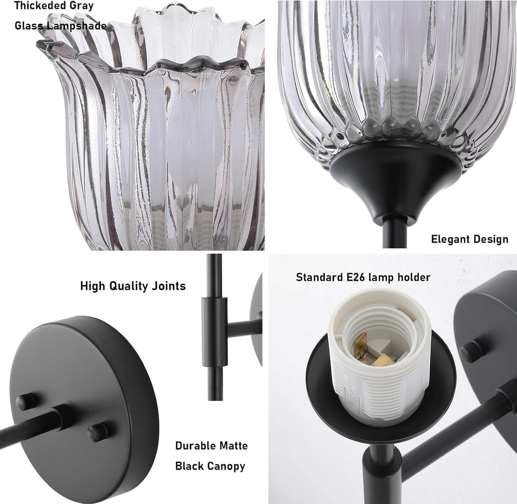 BYOLIIMA Vintage Wall Sconce Set of 2 with Smoke Gray Glass Shades Mid Century Bathroom Vanity Wall Light Fixtures Industrial Matte Black Wall Lamp for Bedroom Mirror Living Room Restaurant