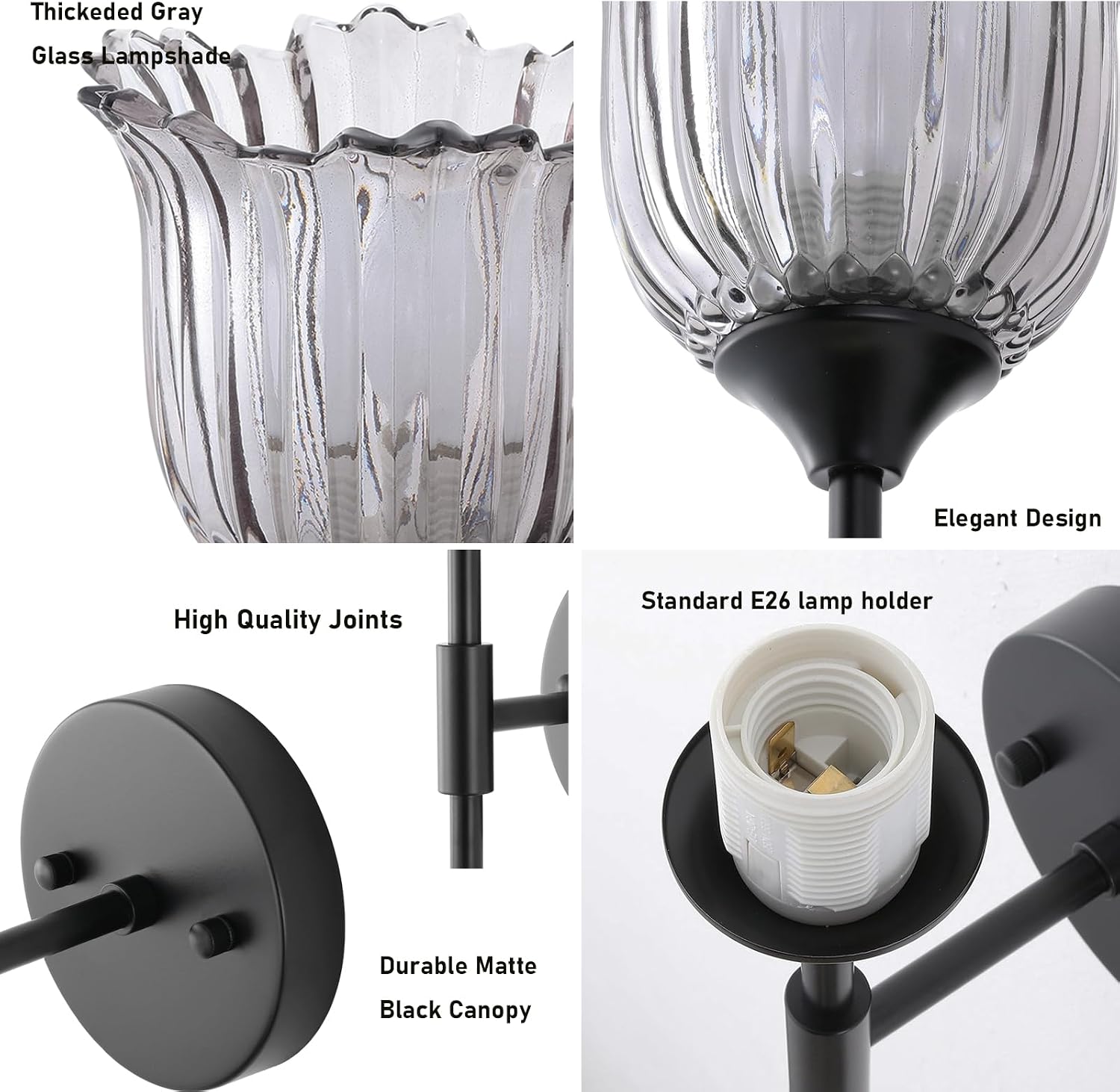BYOLIIMA Vintage Wall Sconce Set of 2 with Smoke Gray Glass Shades Mid Century Bathroom Vanity Wall Light Fixtures Industrial Matte Black Wall Lamp for Bedroom Mirror Living Room Restaurant