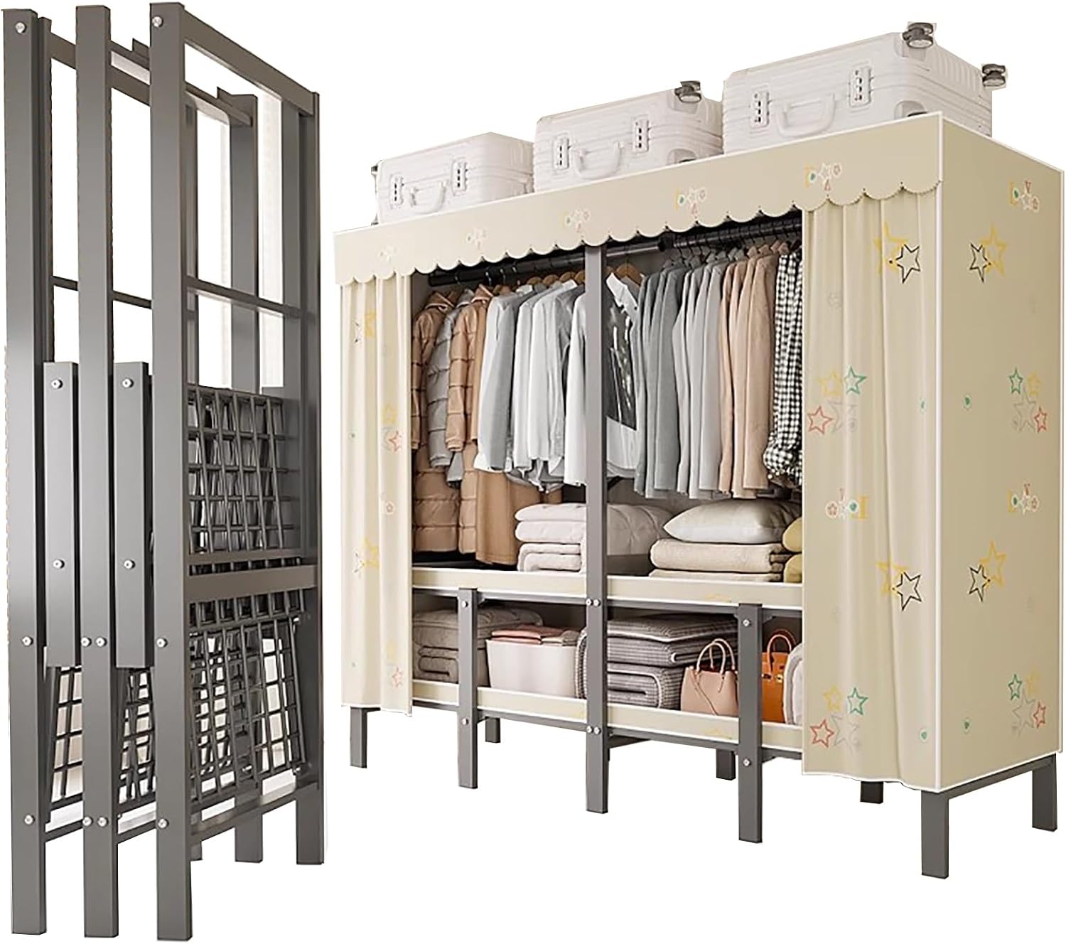 Portable Wardrobe Closet Rack 1100lbs Heavy-Duty Foldable Garment Rack With Cover Freestanding Covered Clothes Organizer System enclosed Armoires For Hanging Clothes(191cm/75.2in)