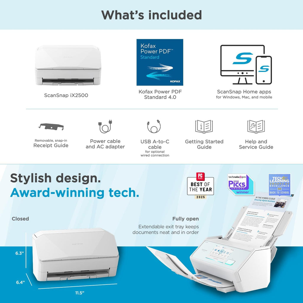 ScanSnap iX2500 Wireless or USB High-Speed Cloud Enabled Document, Photo & Receipt Scanner with Large 5' Touchscreen and 100 Page Auto Document Feeder for Mac or PC, White