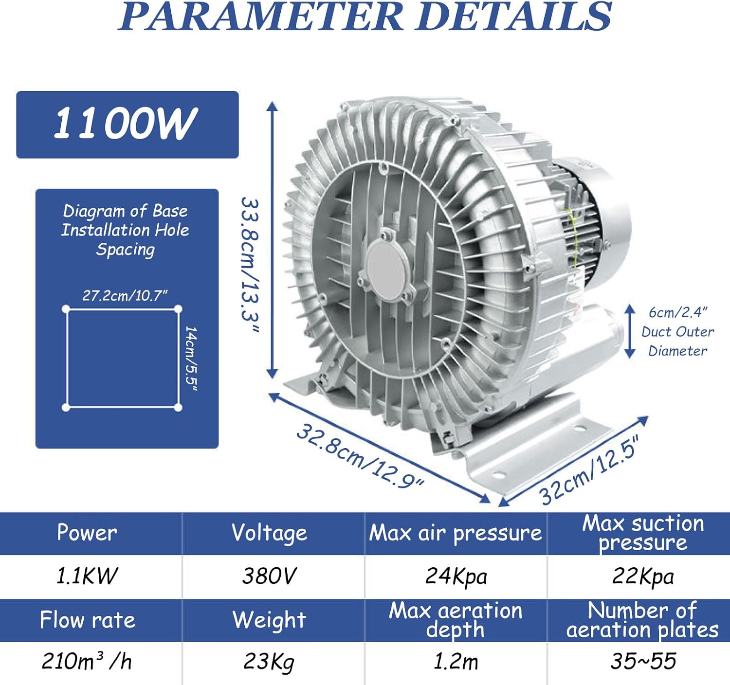 Regenerative Blower 370/550/750/1100/1500W Three Phase, Aluminum Alloy Vortex Ring Blower, Industrial Vacuum Pump for Air Blowing,1.1KW