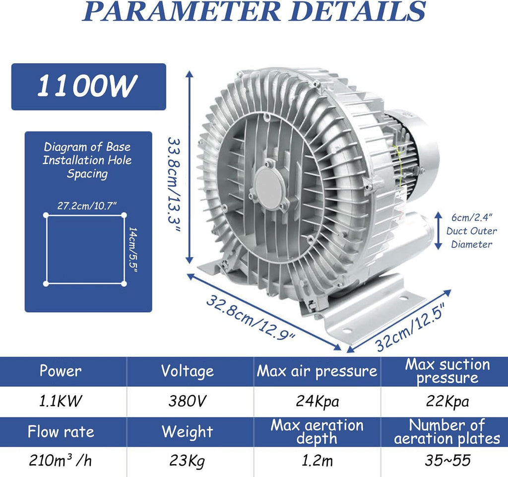 370-1500W Regenerative Blower 220V Three Phase, Vortex Ring Blower, Industrial Vacuum Pump for Air Blowing Or Suction, Three Turbine Blower,1.1KW