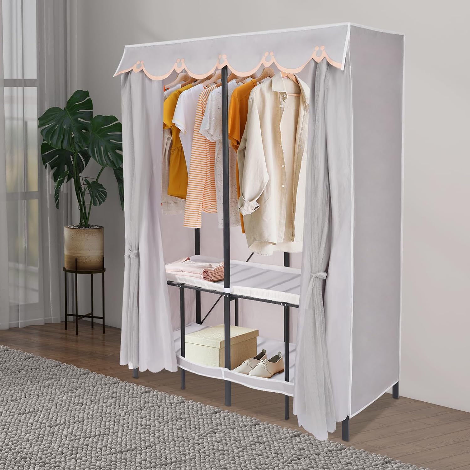 Portable Wardrobe Closet Rack, 1102lbs Heavy-Duty Foldable Garment Racks with Cover, Enclosed Curtain Armoires, for Hanging Clothes, Bedroom, 50 x 20.47 x 67.72inch
