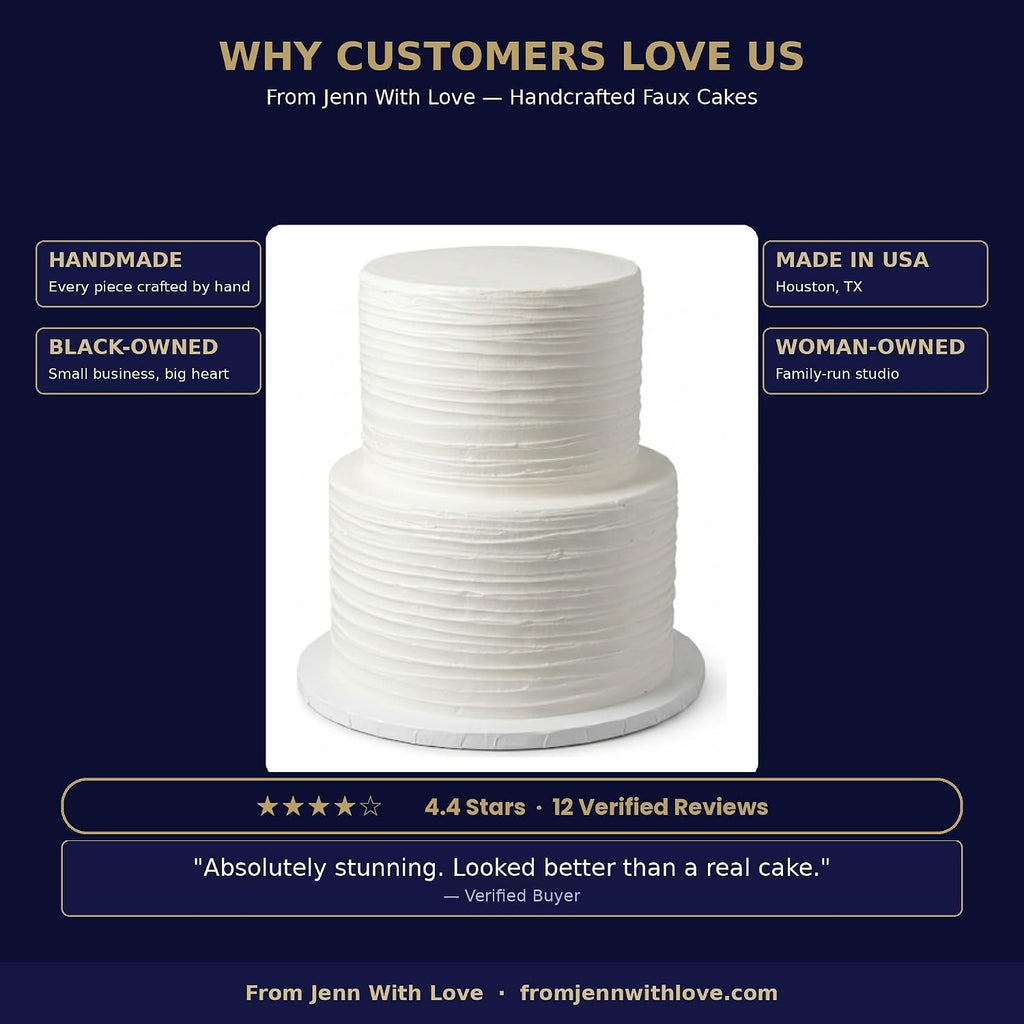 FromJennWithLove 2 Tier Fake Wedding Cake, 12' Tall Handcrafted Ivory Display Cake – 4-Day Artisan Process, Made in USA – Reusable Centerpiece for Weddings & Bridal Showers