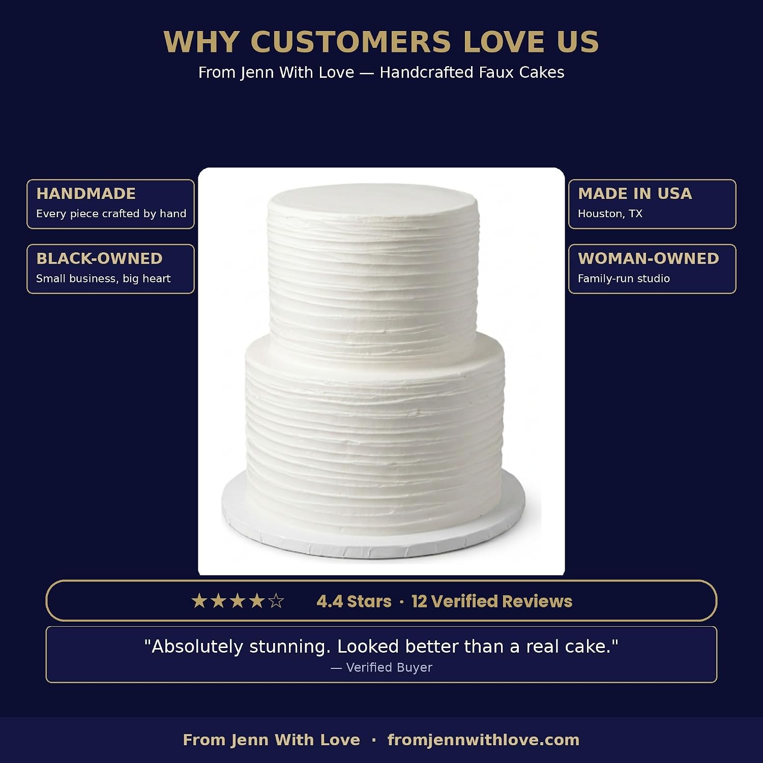 FromJennWithLove 2 Tier Fake Wedding Cake, 12' Tall Handcrafted Ivory Display Cake – 4-Day Artisan Process, Made in USA – Reusable Centerpiece for Weddings & Bridal Showers