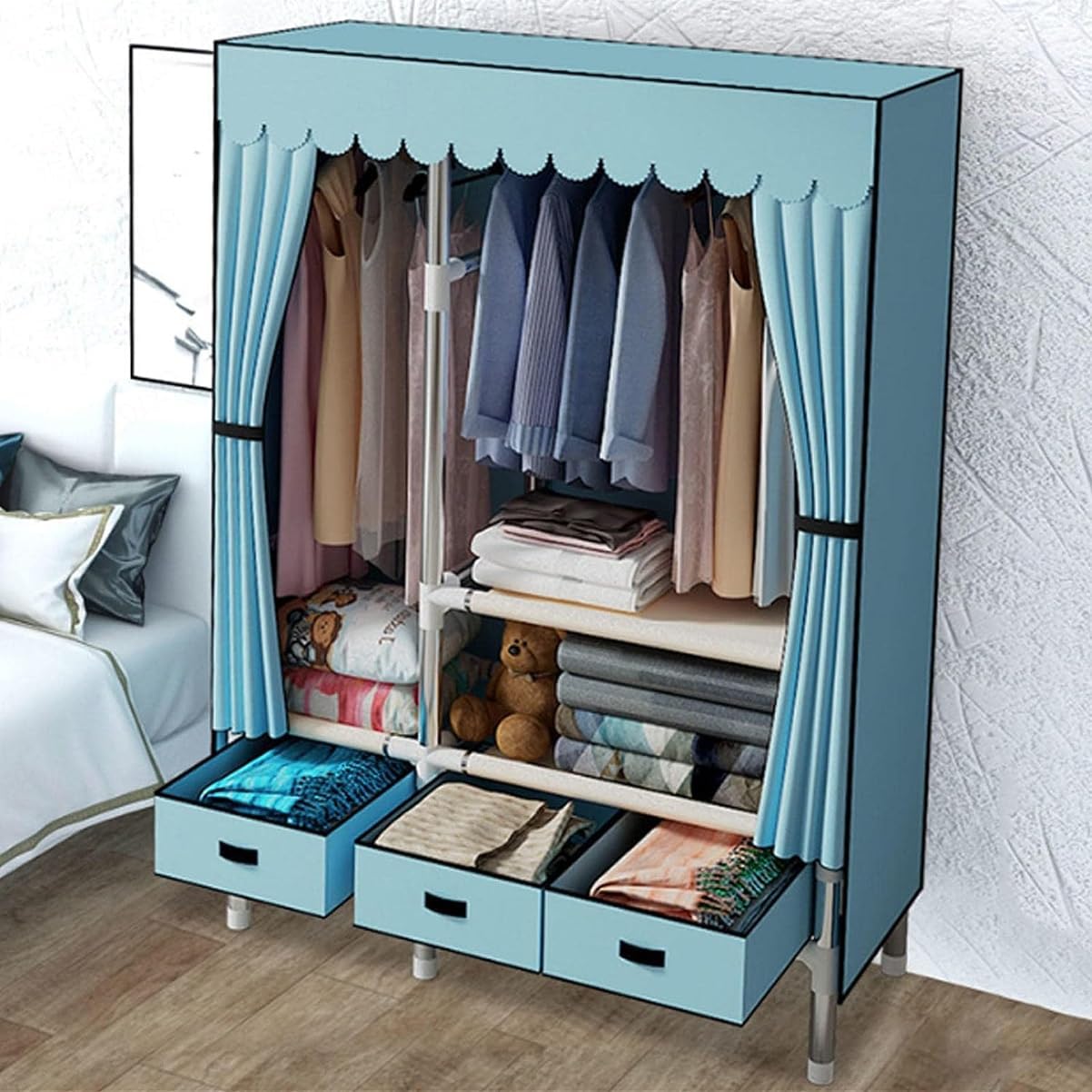 Garment Rack Heavy Duty Clothes Rack with Cover Freestanding Metal Clothing Rack Portable Closet Wardrobe with 2 Hanging Rods and 3 Drawers for Bedroom (Color : Blue, Size : 105x45x168cm)