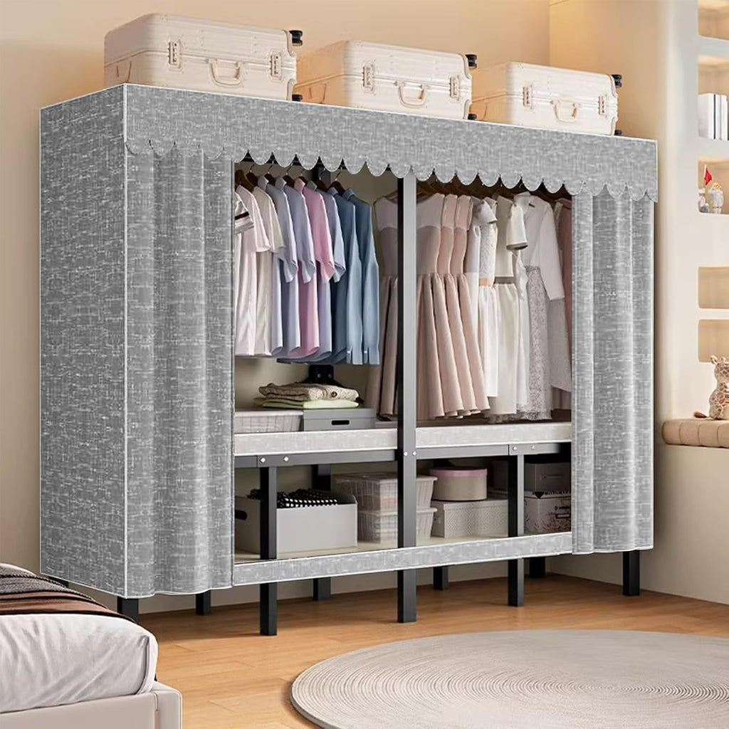 Heavy-Duty Wardrobe Closet Rack - Portable Foldable Garment Rack With Cover, 1100lbs Freestanding Clothes Organizer System, Enclosed Curtain Armoires For Hanging Clothes For Bedroom(243cm/95.6in)