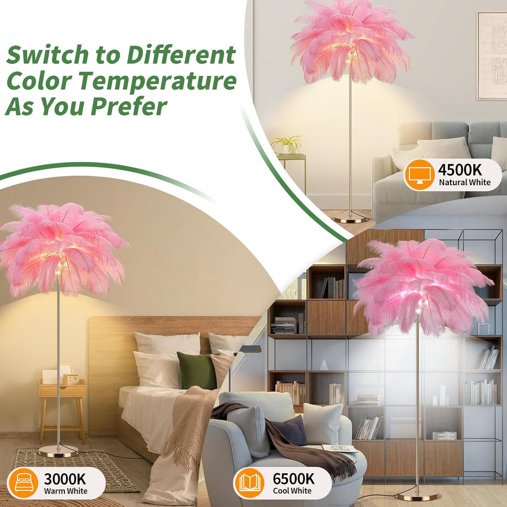 Feather Floor Lamp for Living Room, Fluffy Ostrich Feathers Lamp, Rose Gold Color Body, 3 Color Temperatures Modern Funky Arc Tall Standing Lamp for Bedroom Inclued Bright LED Bulbs (Pink)