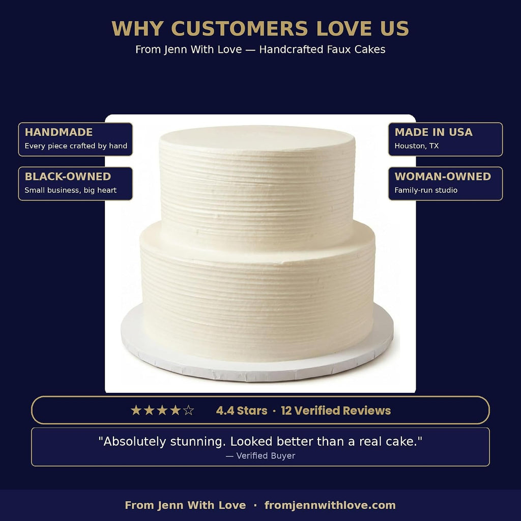 FromJennWithLove 2 Tier Fake Wedding Cake, Brushed Texture Finish, 8' Tall Handcrafted Ivory Display Cake – 4-Day Artisan Process, Made in USA – Reusable for Weddings