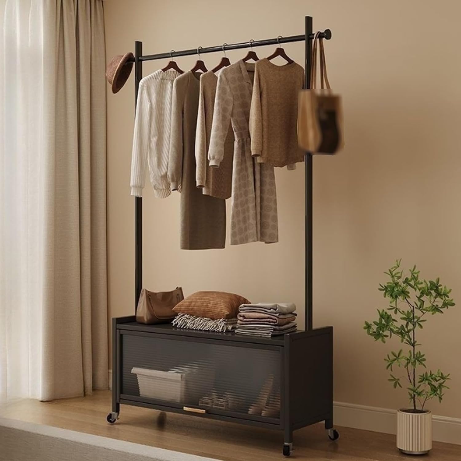 Metal Clothes Rack Nordic Modern Clothing Rack w/Lockable Wheels & Storage Cabinet Heavy Duty Metal Wardrobe Garment Rack for Hanging Shirts Jackets Pants