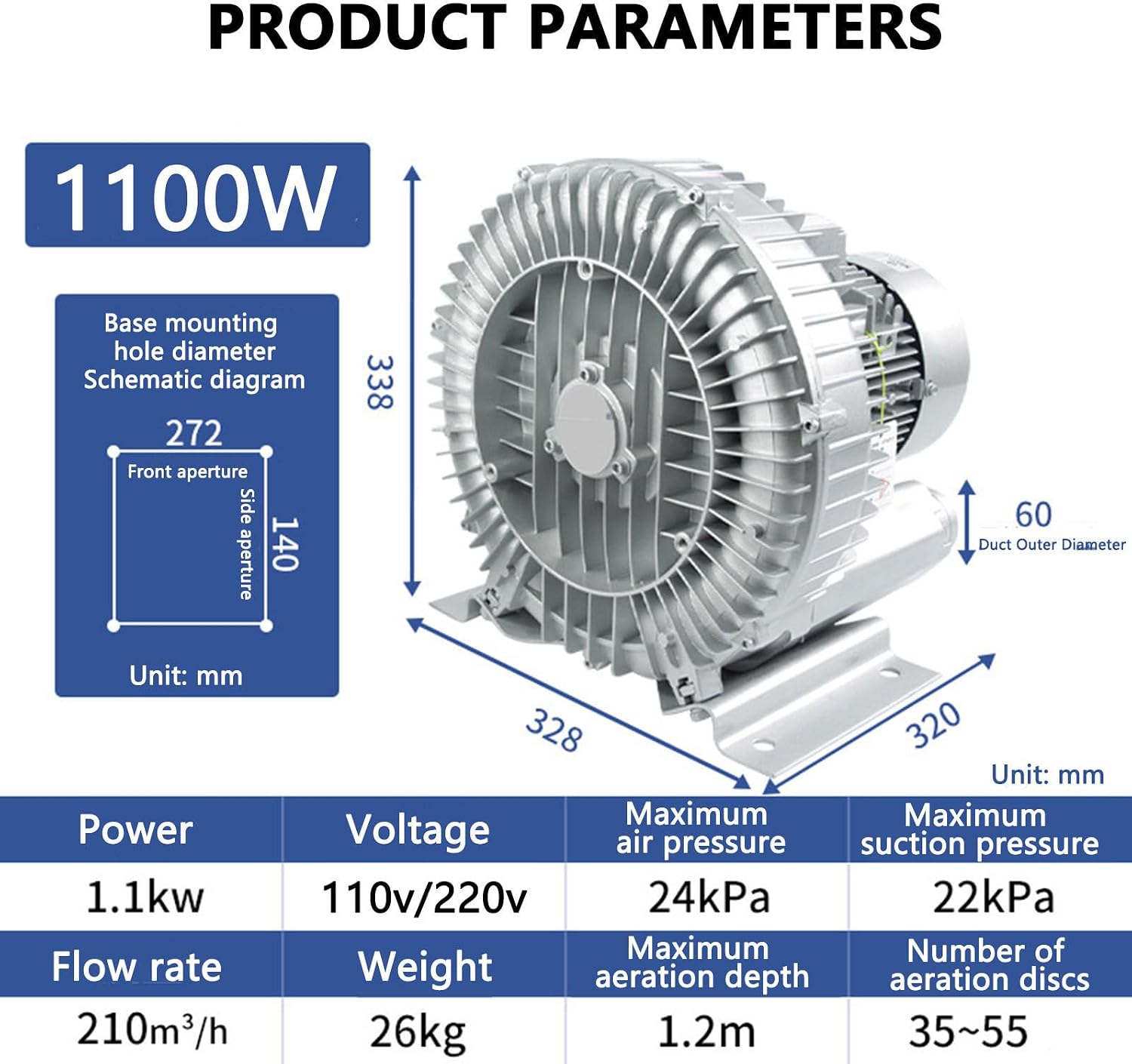 Single Phase Industrial Vortex Blower Pump for Aquaculture & Fish Tanks - Aluminum Alloy Air Blower for Sewage Aeration & Aquarium Applications