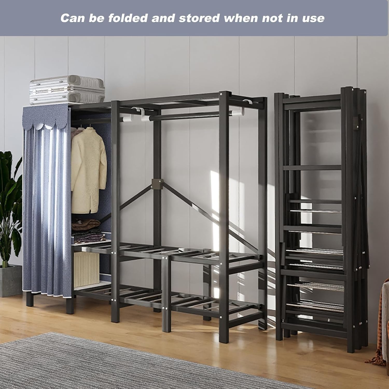Foldable Portable Closet Wardrobe Rack - Portable Wardrobe Closet Rack,1100lbs,Heavy-Duty Foldable Garment Rack with Cover，Freestanding Clothes Organizer System (Size : 168 * 50 * 170cm)