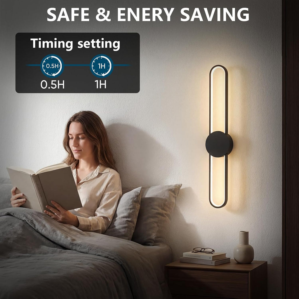 Battery Operated Wall Sconces Set of Two,31.4in Wireless Modern Wall lamps for living room,15000mah Rechargeable LED Wall Lights with Remote,3 Color Dimmable Black Wall Sconce for Bedroom,Hallway.