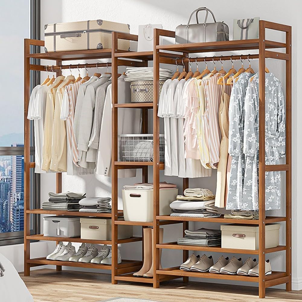 Bamboo Clothes Rail Stand with Hanging Rod 2 Shelves and Hooks Freestanding Coat Garment Rack for Bedroom Hallway Natural Wood nizer.