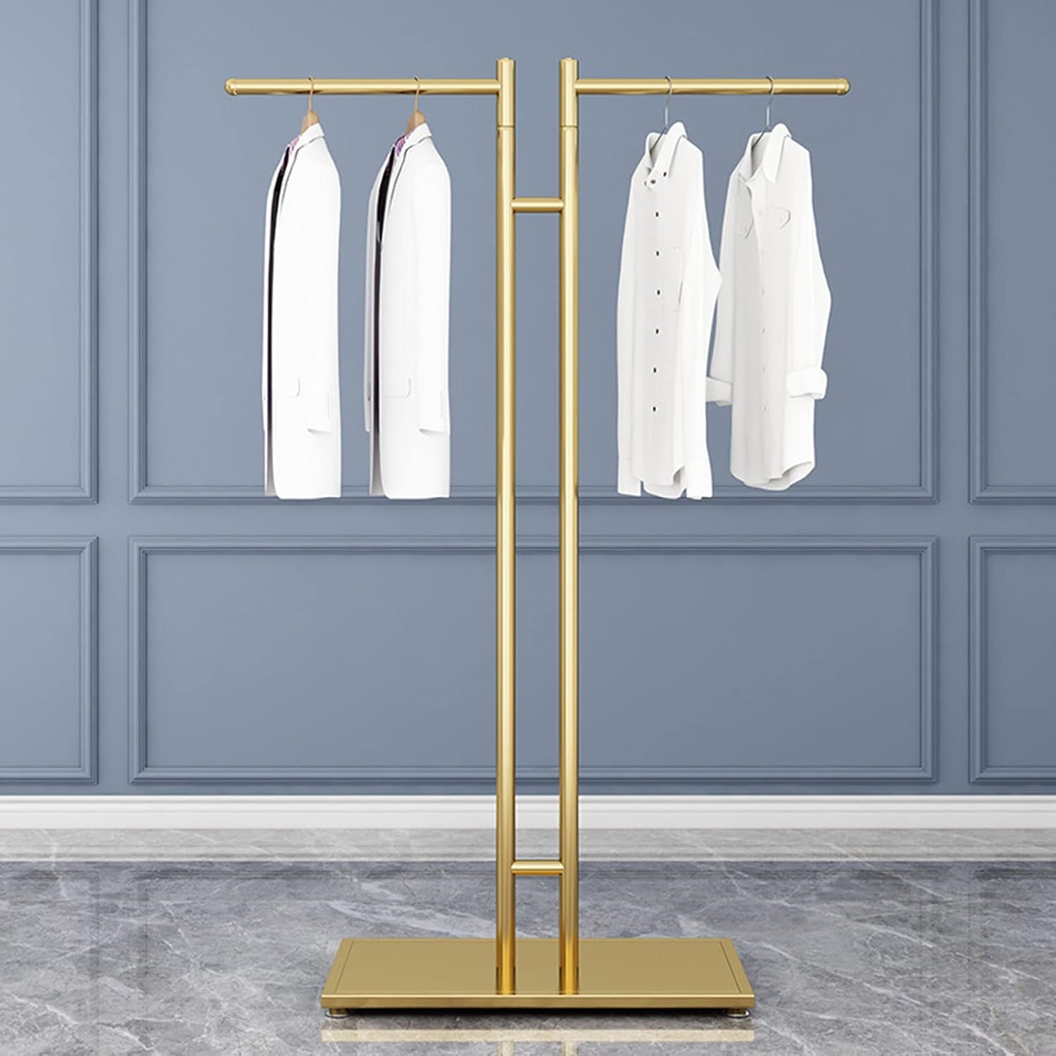 Freestanding Clothing Store Display Stands Garment Rack, Retail Clothes Hanger Entrance Porch Organization Hanging Rod,Creative Gold 2-Way Suit Shirt Clothing Rack for Boutique/Laundry