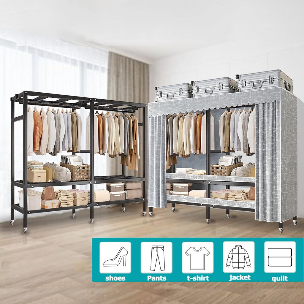 Foldable Covered Garment Rack Max 2000lbs Heavy Duty Metal Clothing Rack with Wheel, 2 Hanging Rods, Cotton Cover, Portable Wardrobe Closets for Bedroom