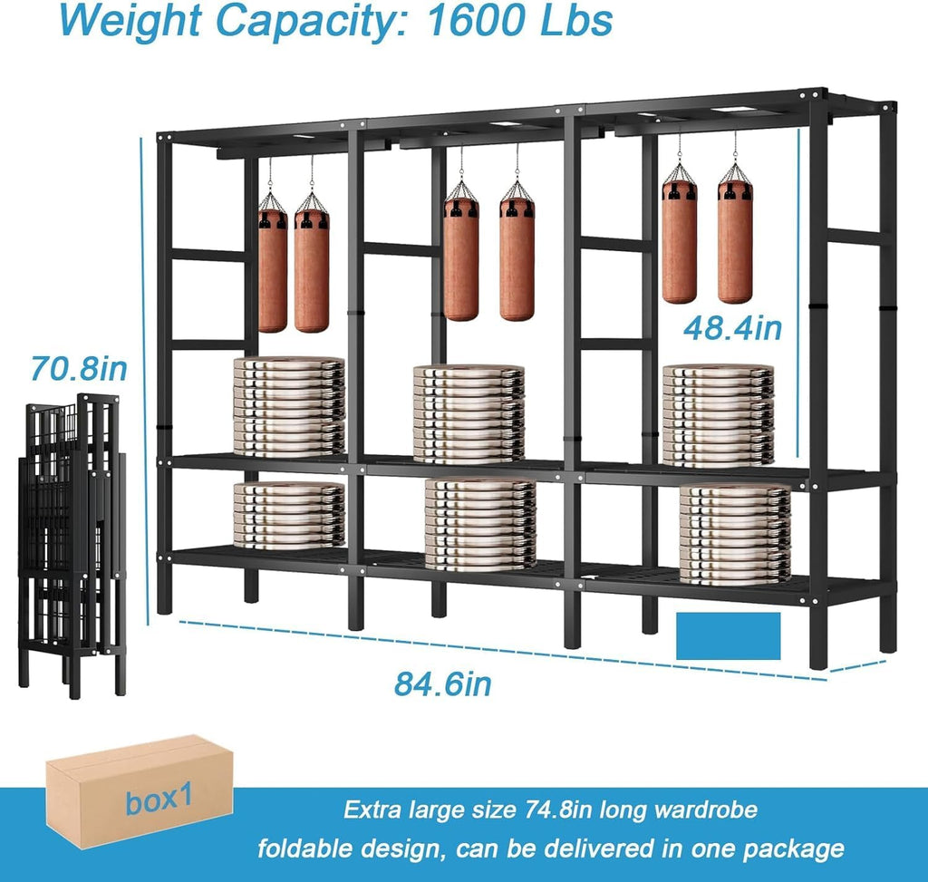 Collapsible Garment Rack with Cover and Wheels, 70.8in High Portable Wardrobe Closet Rack/Heavy-Duty Freestanding Closet System for Bedroom/Large Cabinet Clothes Storage Organizer (84.6in/215cm)